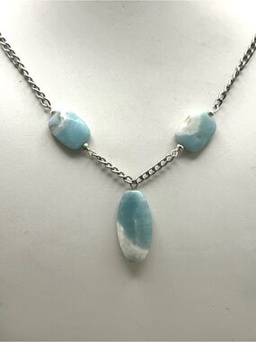 Amazonite Gemstone Y Necklace Silver Tone Chain Coastal Boho Statement Natural
